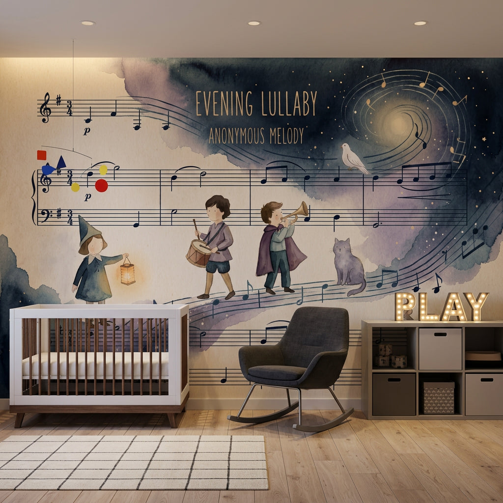 Müzik Notası ve Çocuk Figürlü Poster Duvar Kağıdı Lacivert