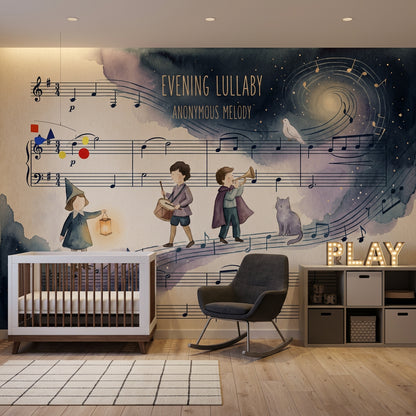 Müzik Notası ve Çocuk Figürlü Poster Duvar Kağıdı Lacivert