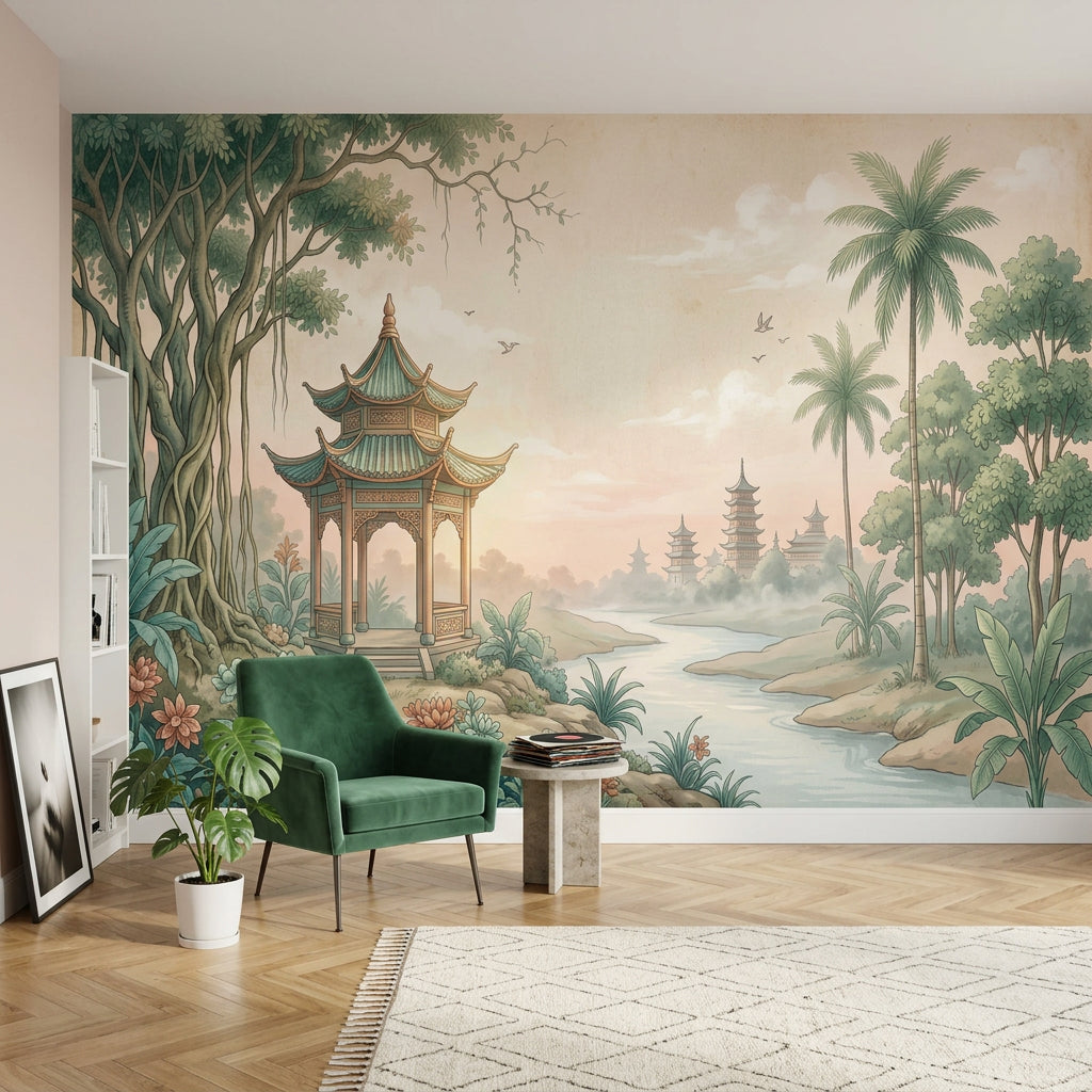 Asya Pagoda Manzaralı Poster Duvar Kağıdı Yeşil Bej Salon