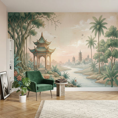 Asya Pagoda Manzaralı Poster Duvar Kağıdı Yeşil Bej Salon
