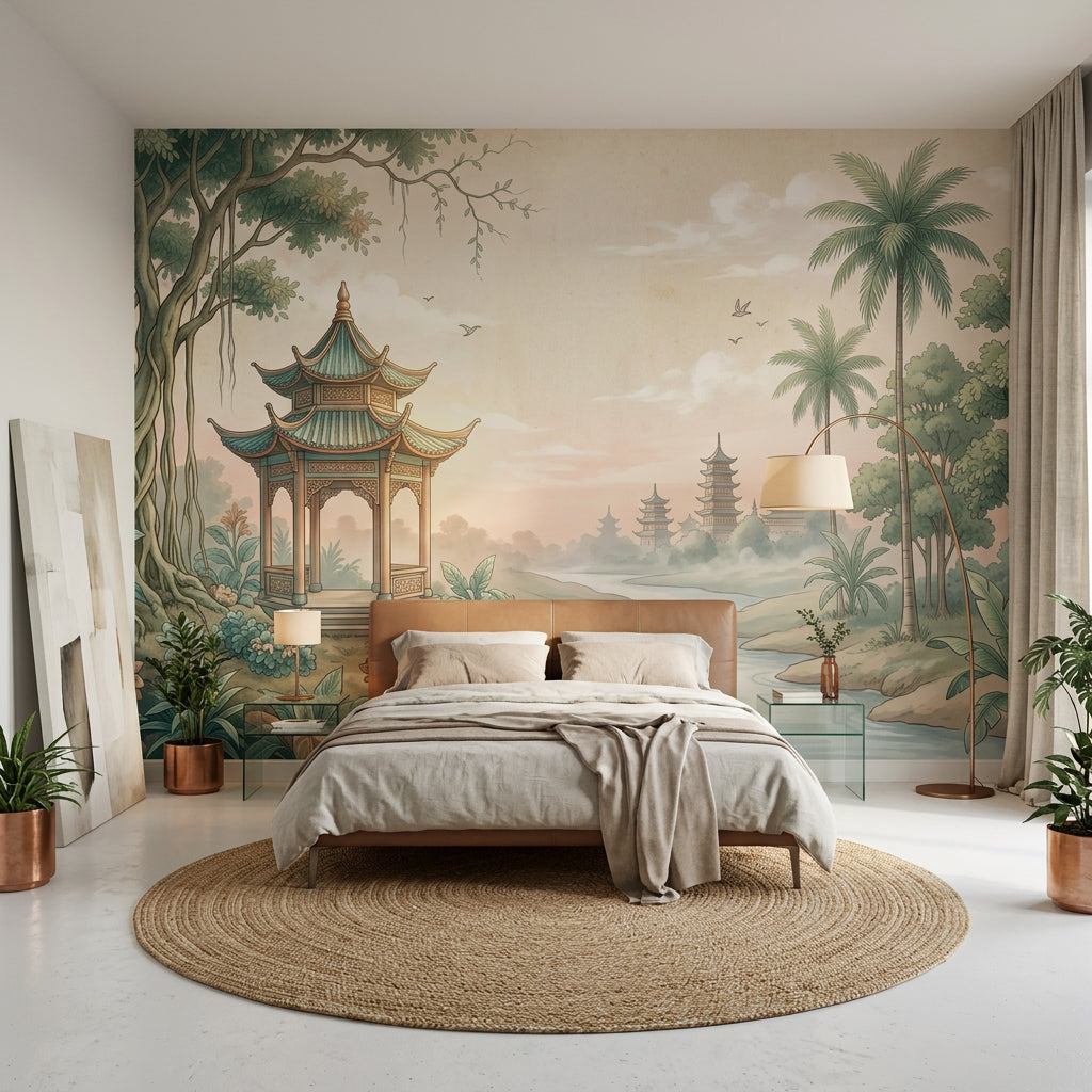 Asya Pagoda Manzaralı Poster Duvar Kağıdı Yeşil Bej Salon
