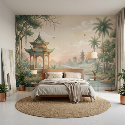 Asya Pagoda Manzaralı Poster Duvar Kağıdı Yeşil Bej Salon