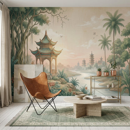 Asya Pagoda Manzaralı Poster Duvar Kağıdı Yeşil Bej Salon