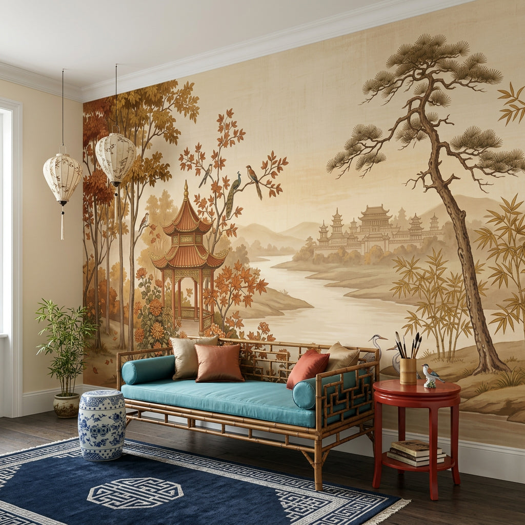 Çin Manzaralı Poster Duvar Kağıdı Sonbahar Tonlu Salon Duvarı