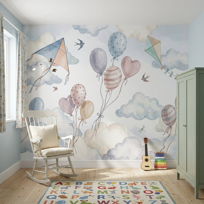 Balon ve Uçurtmalı Poster Duvar Kağıdı Pastel Bebek Odası