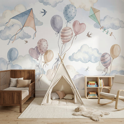 Balon ve Uçurtmalı Poster Duvar Kağıdı Pastel Bebek Odası
