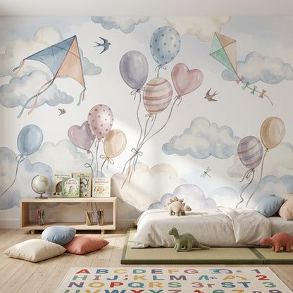 Balon ve Uçurtmalı Poster Duvar Kağıdı Pastel Bebek Odası