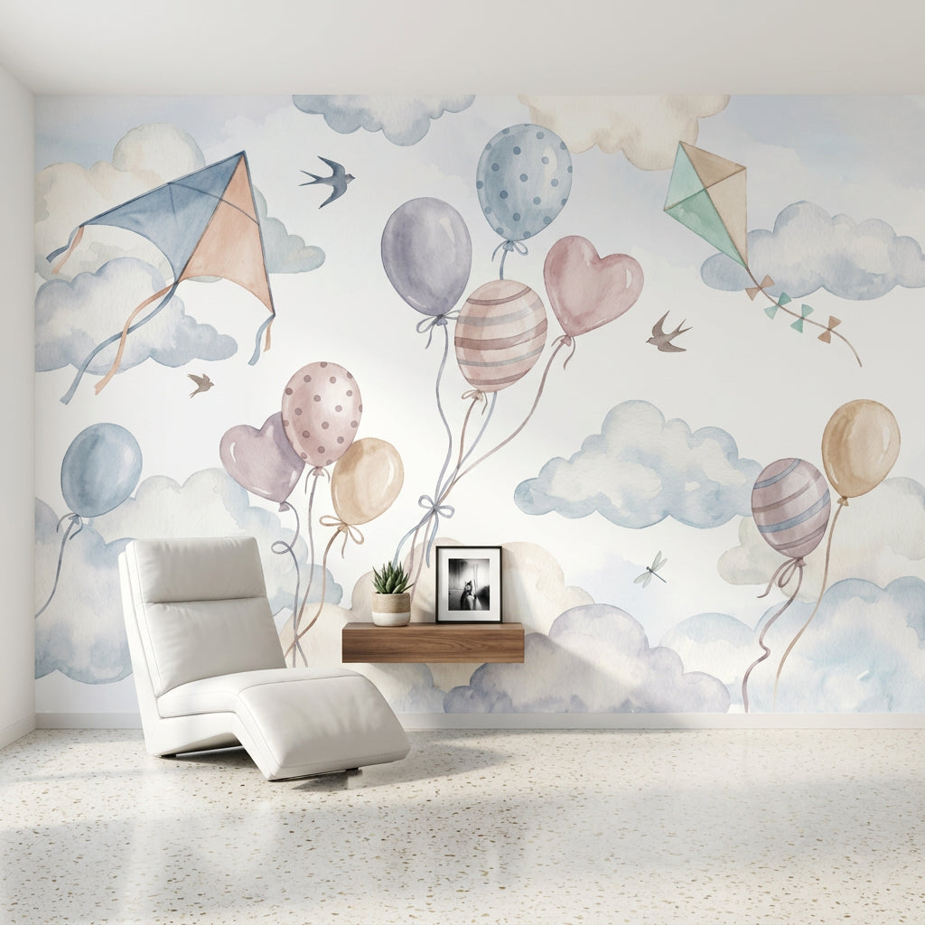 Balon ve Uçurtmalı Poster Duvar Kağıdı Pastel Bebek Odası