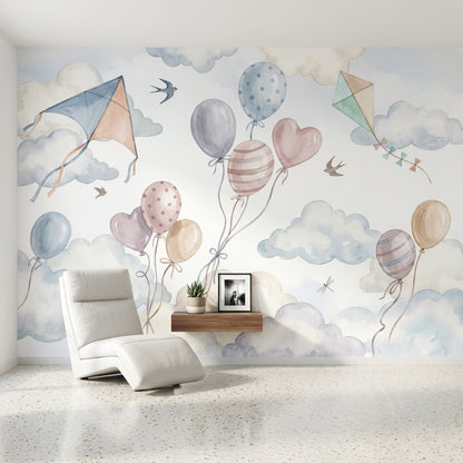 Balon ve Uçurtmalı Poster Duvar Kağıdı Pastel Bebek Odası