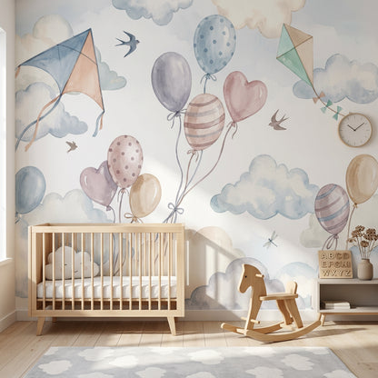 Balon ve Uçurtmalı Poster Duvar Kağıdı Pastel Bebek Odası