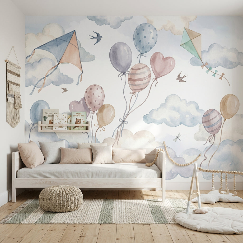 Balon ve Uçurtmalı Poster Duvar Kağıdı Pastel Bebek Odası