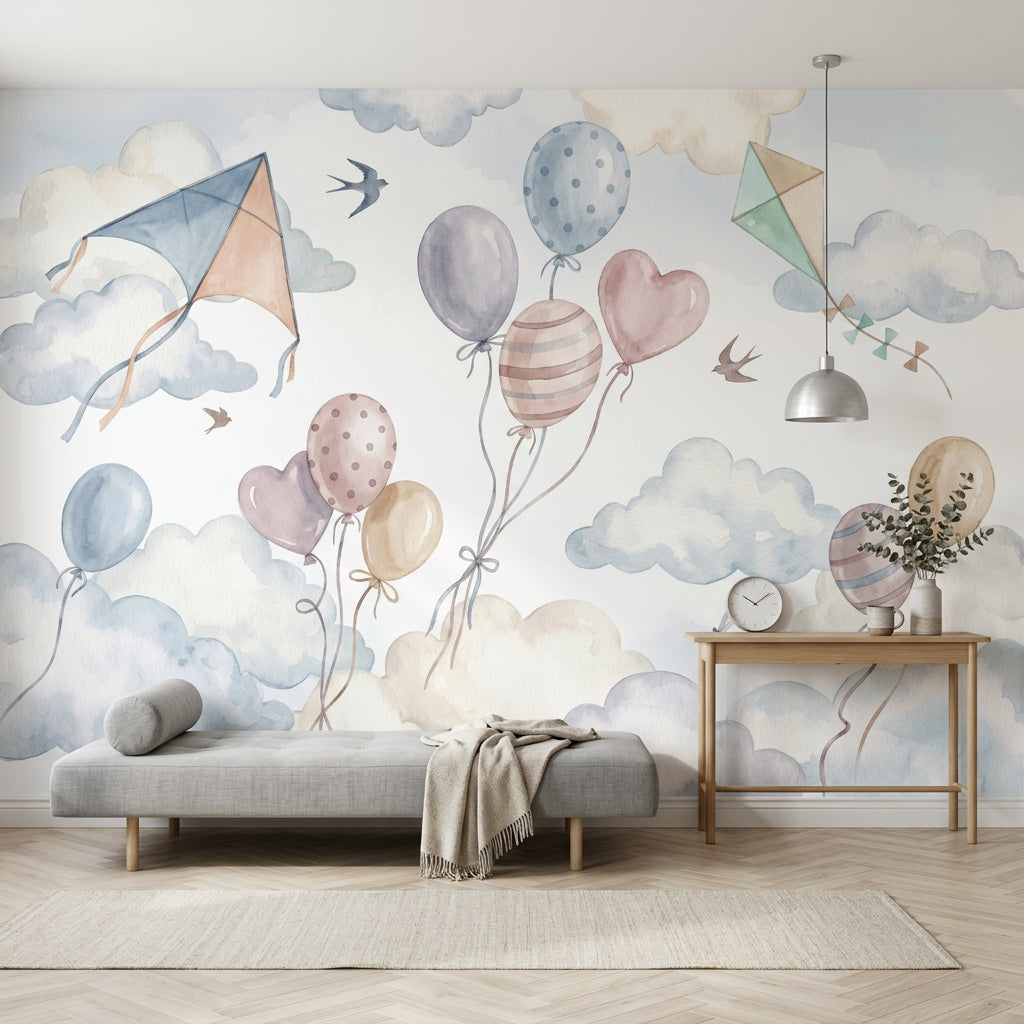 Balon ve Uçurtmalı Poster Duvar Kağıdı Pastel Bebek Odası