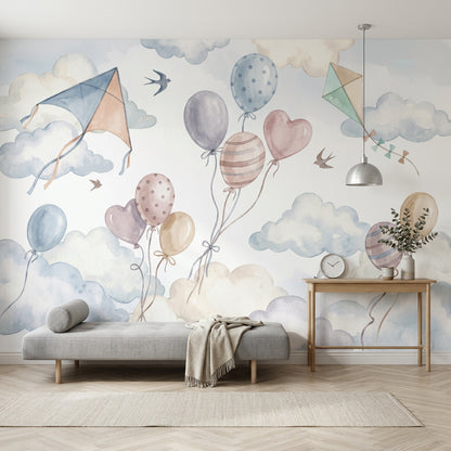 Balon ve Uçurtmalı Poster Duvar Kağıdı Pastel Bebek Odası