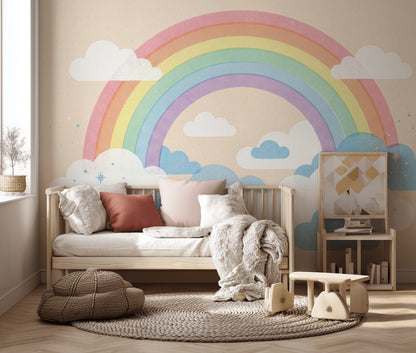 Gökkuşağı ve Bulutlu Poster Duvar Kağıdı Bebek Odası Pastel