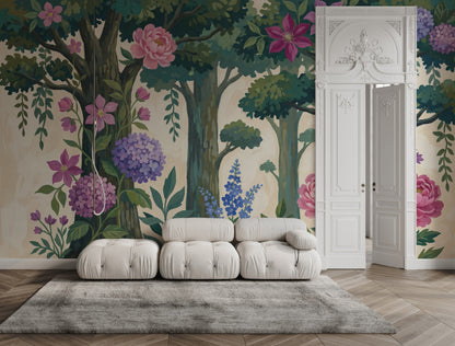 Orman ve Büyük Çiçekli Poster Duvar Kağıdı Pembe Yeşil Salon