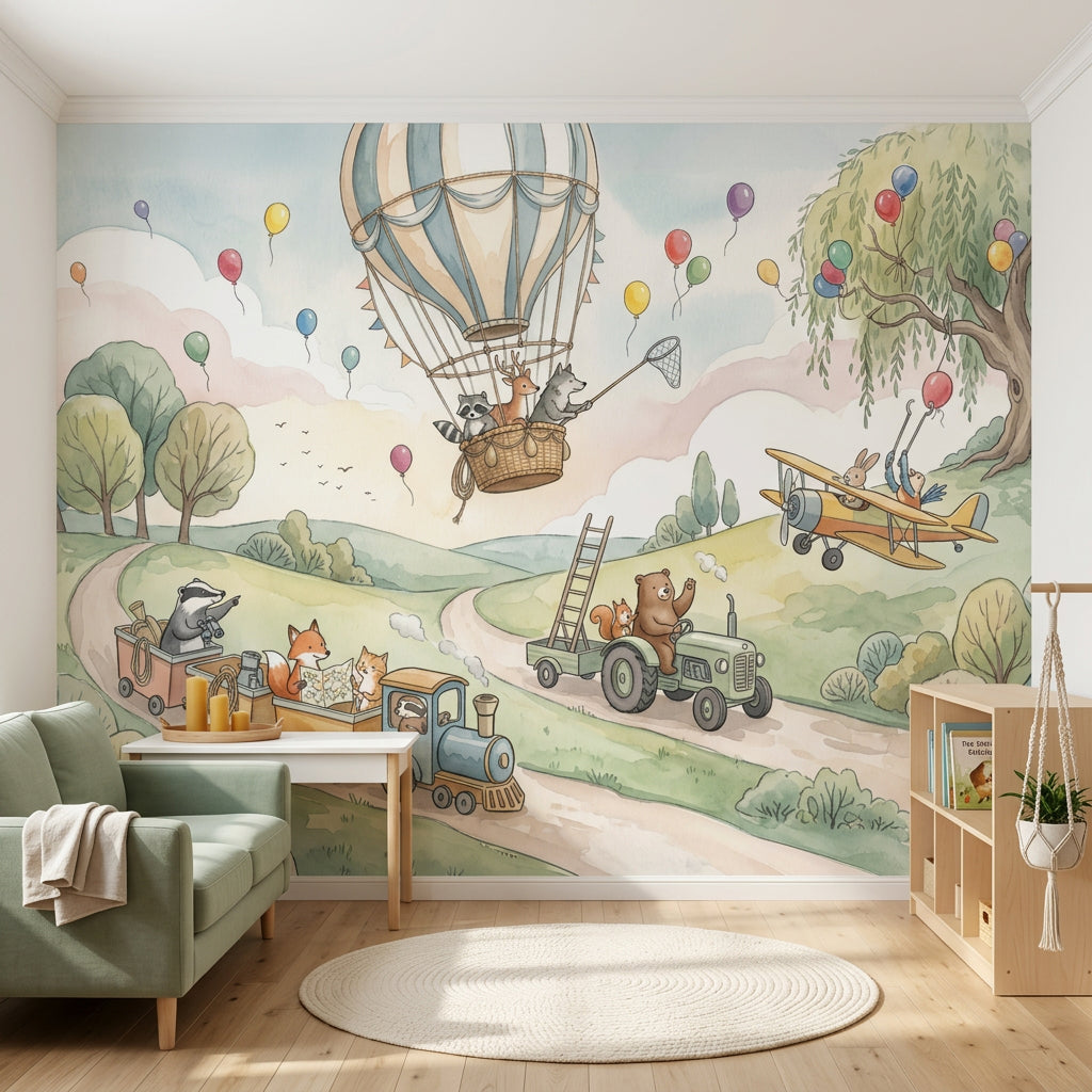 Balon ve Hayvanlı Poster Duvar Kağıdı Pastel Çocuk Odası