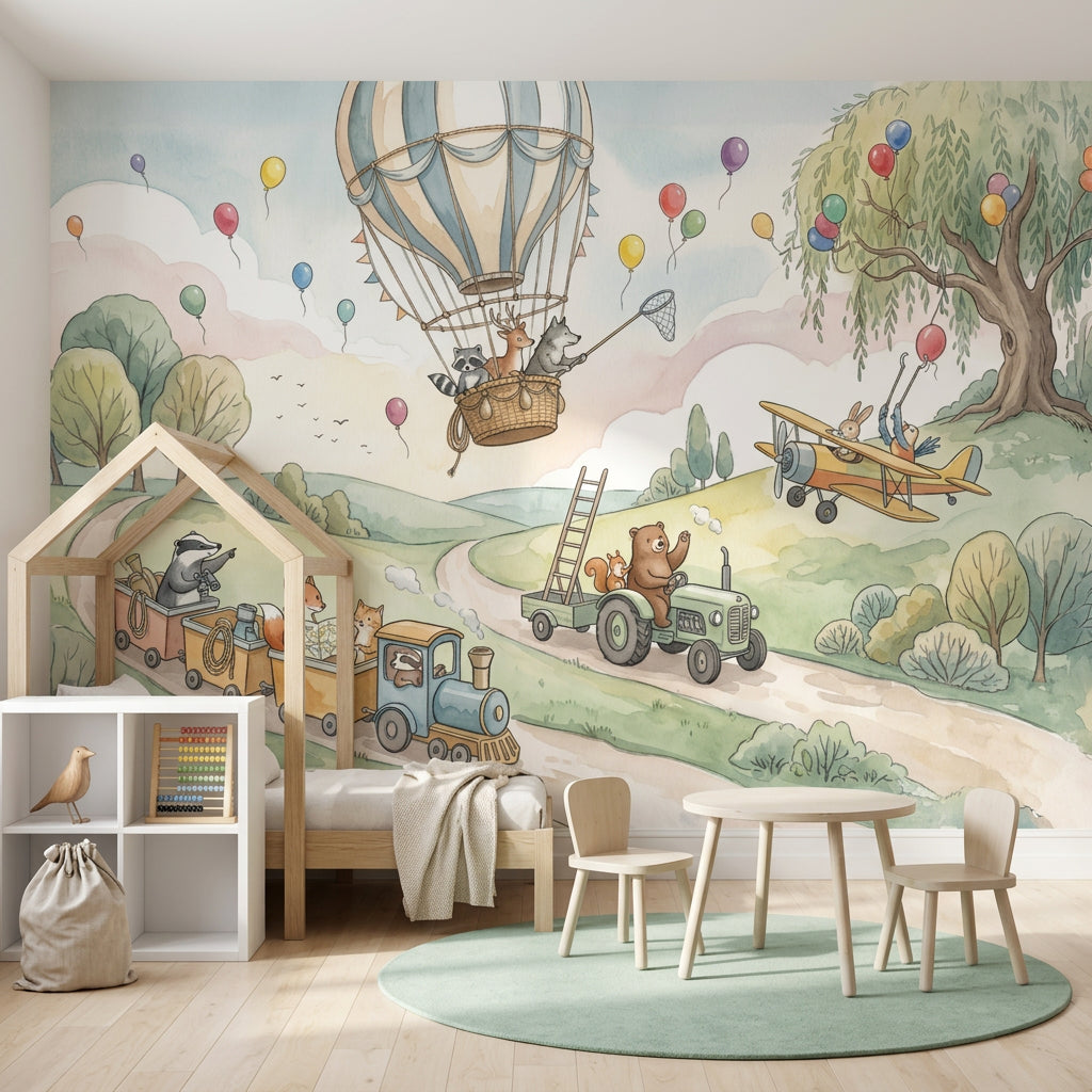 Balon ve Hayvanlı Poster Duvar Kağıdı Pastel Çocuk Odası