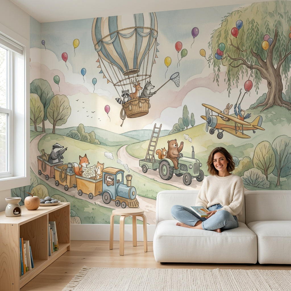 Balon ve Hayvanlı Poster Duvar Kağıdı Pastel Çocuk Odası