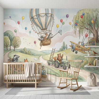 Balon ve Hayvanlı Poster Duvar Kağıdı Pastel Çocuk Odası