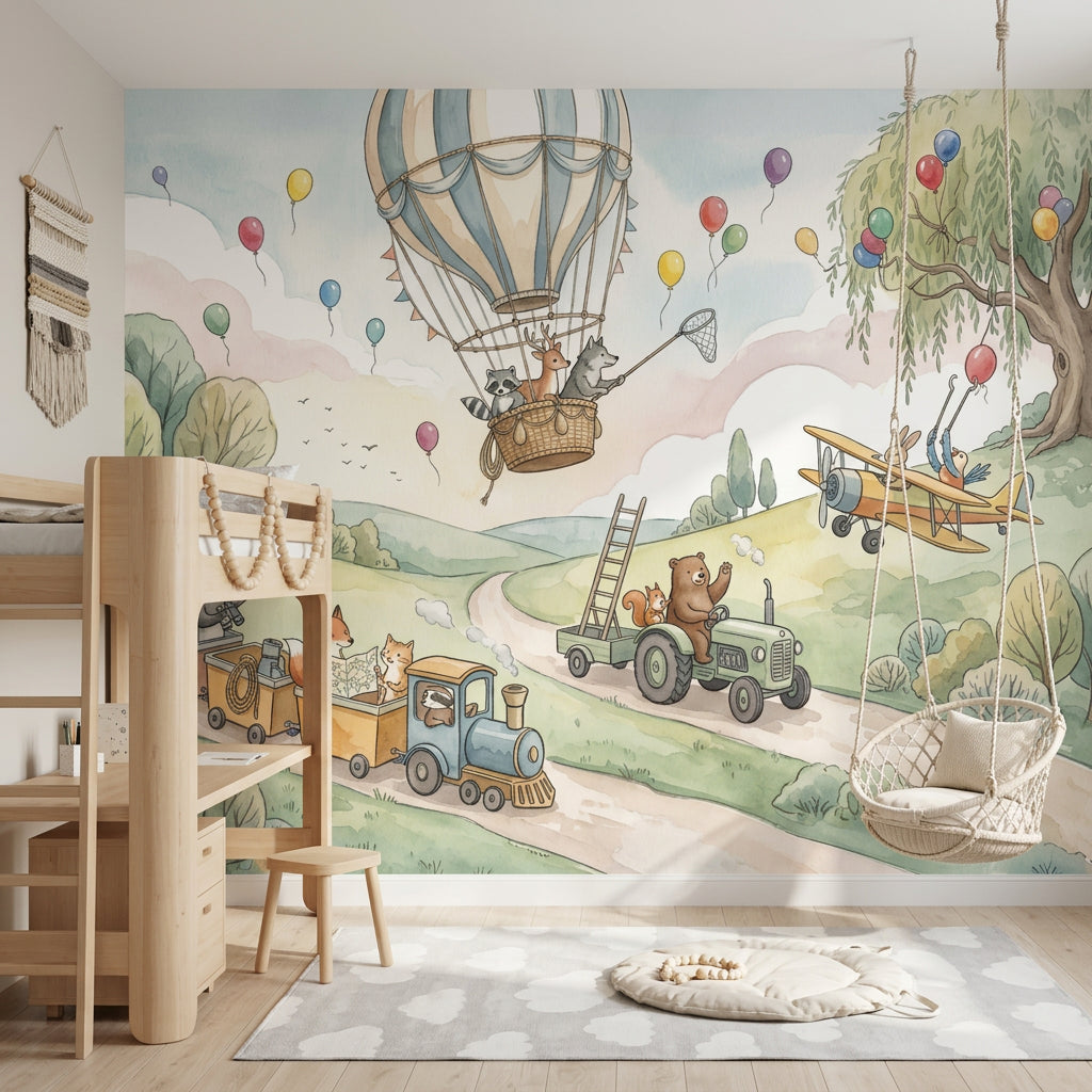 Balon ve Hayvanlı Poster Duvar Kağıdı Pastel Çocuk Odası