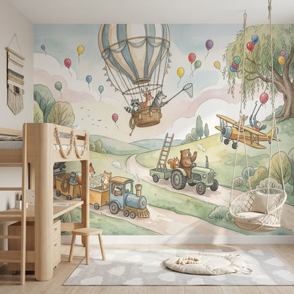 Balon ve Hayvanlı Poster Duvar Kağıdı Pastel Çocuk Odası