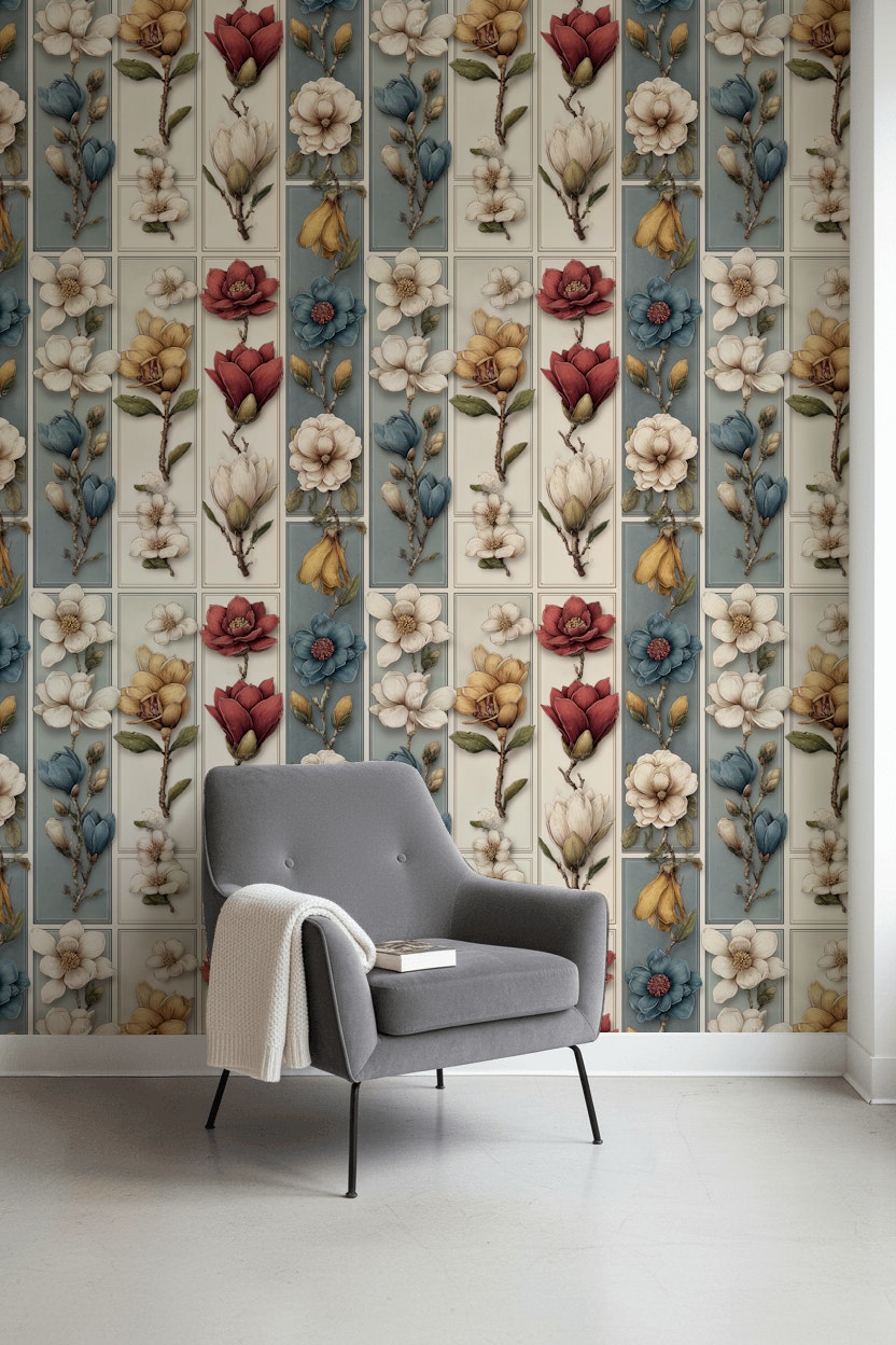 Vintage Çiçek Desenli Duvar Kağıdı Krem Mavi Salon