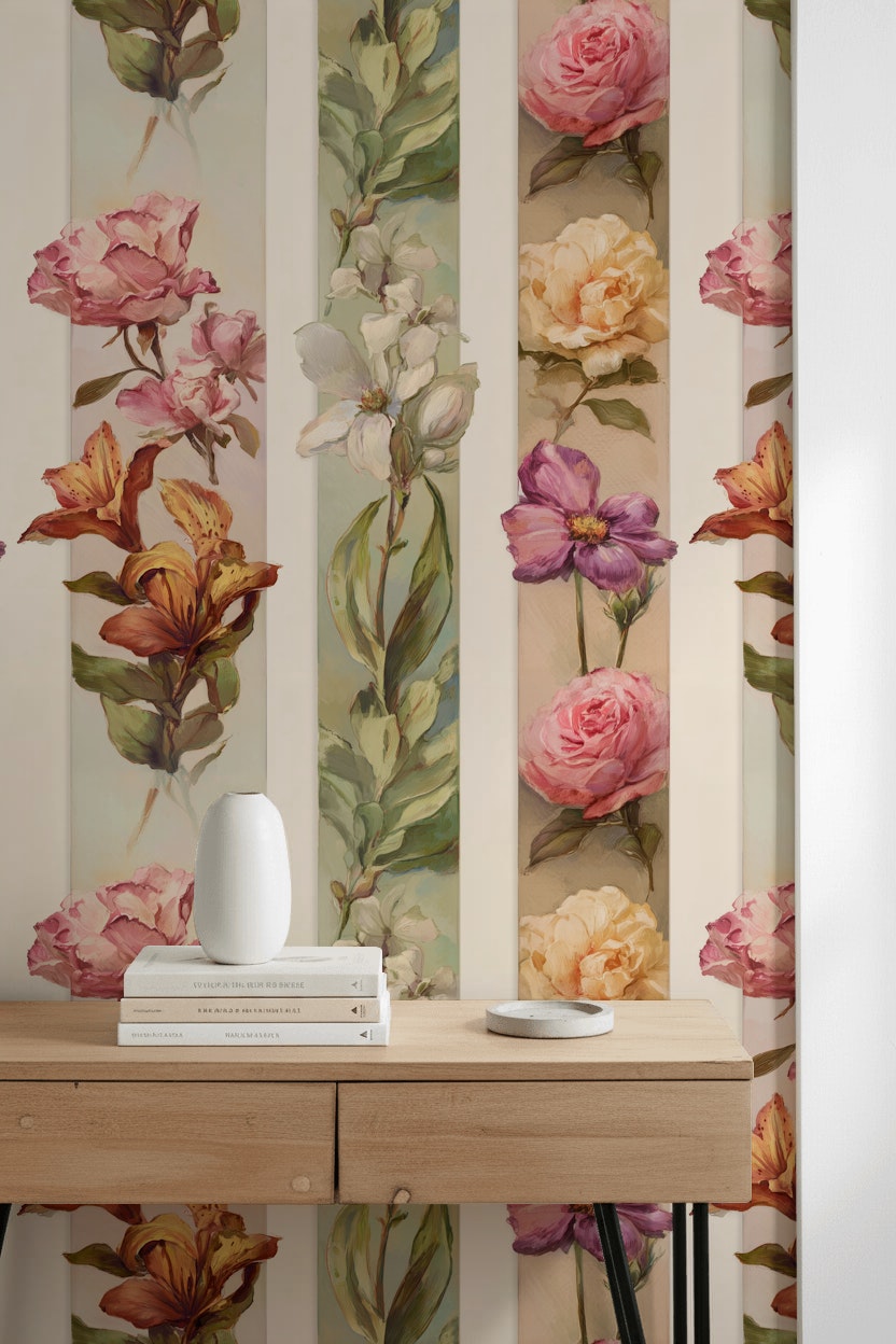 Pastel Çiçek Şeritli Duvar Kağıdı Krem Zemin Salon
