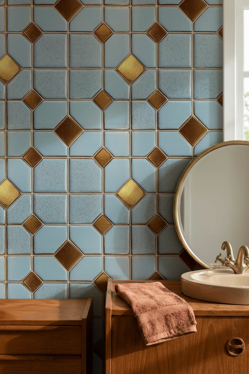 Geometrik Çini Desenli Duvar Kağıdı Mavi Sarı Salon