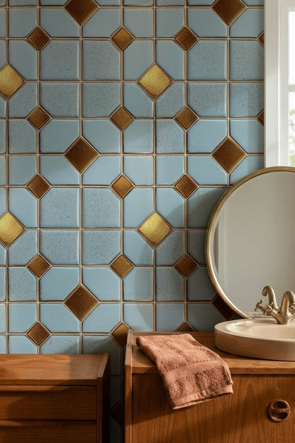 Geometrik Çini Desenli Duvar Kağıdı Mavi Sarı Salon
