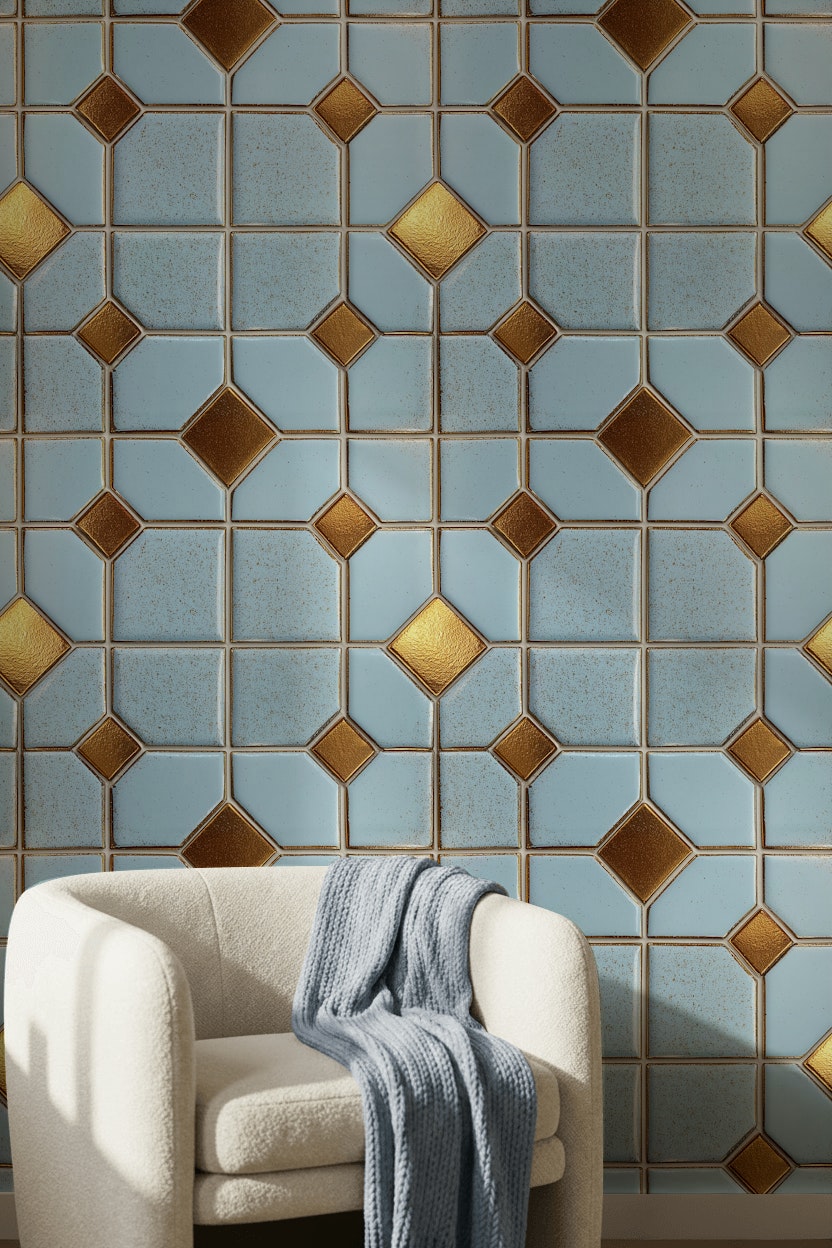 Geometrik Çini Desenli Duvar Kağıdı Mavi Sarı Salon