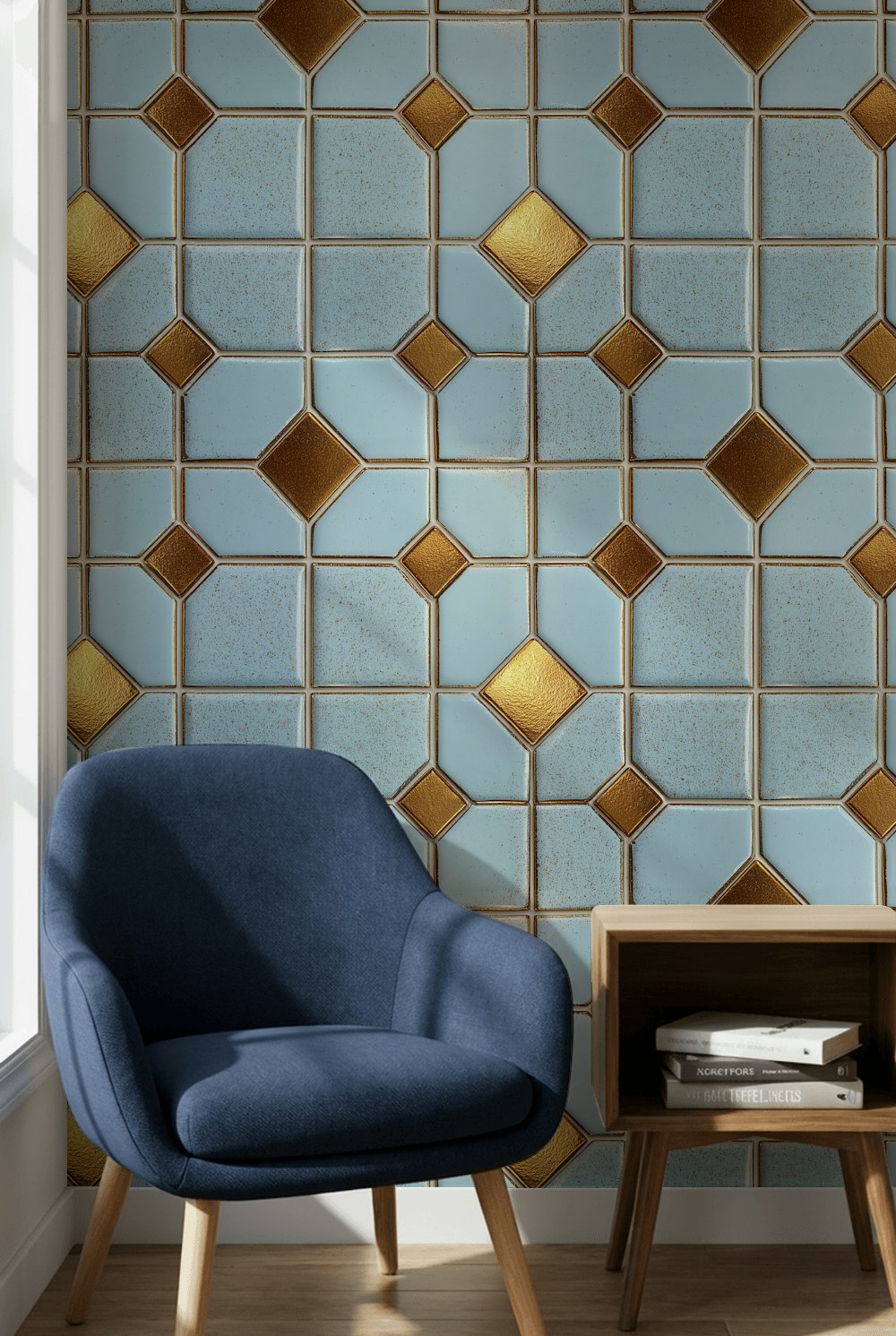 Geometrik Çini Desenli Duvar Kağıdı Mavi Sarı Salon