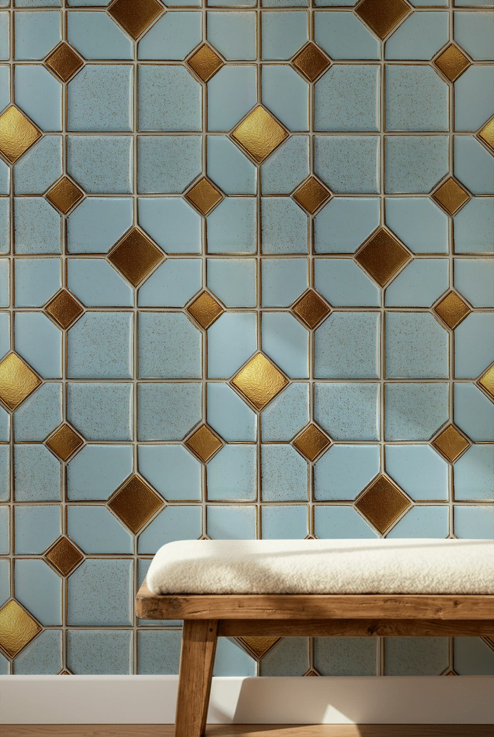 Geometrik Çini Desenli Duvar Kağıdı Mavi Sarı Salon
