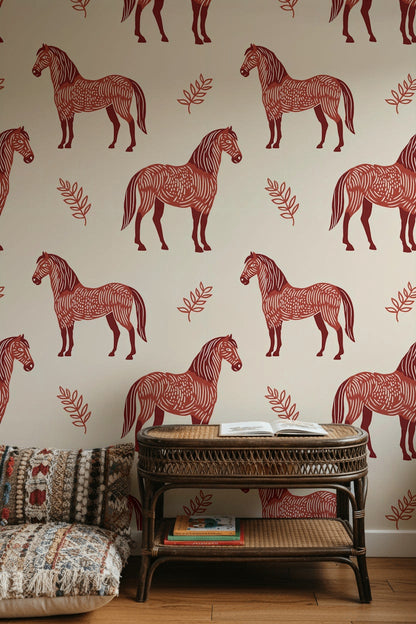 At Desenli Duvar Kağıdı Kiremit Kırmızısı Minimal Salon