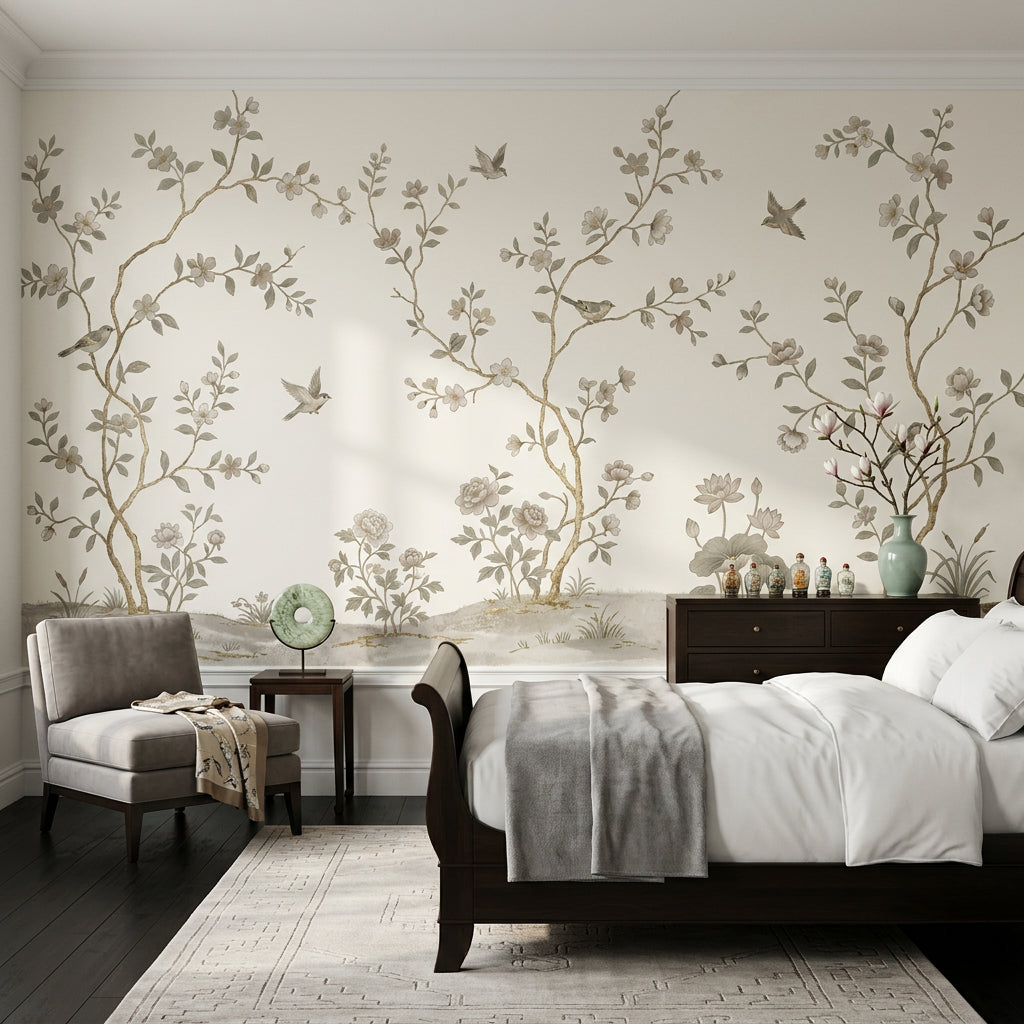 Kuşlu Dallı Çiçekli Poster Duvar Kağıdı Bej Yatak Odası