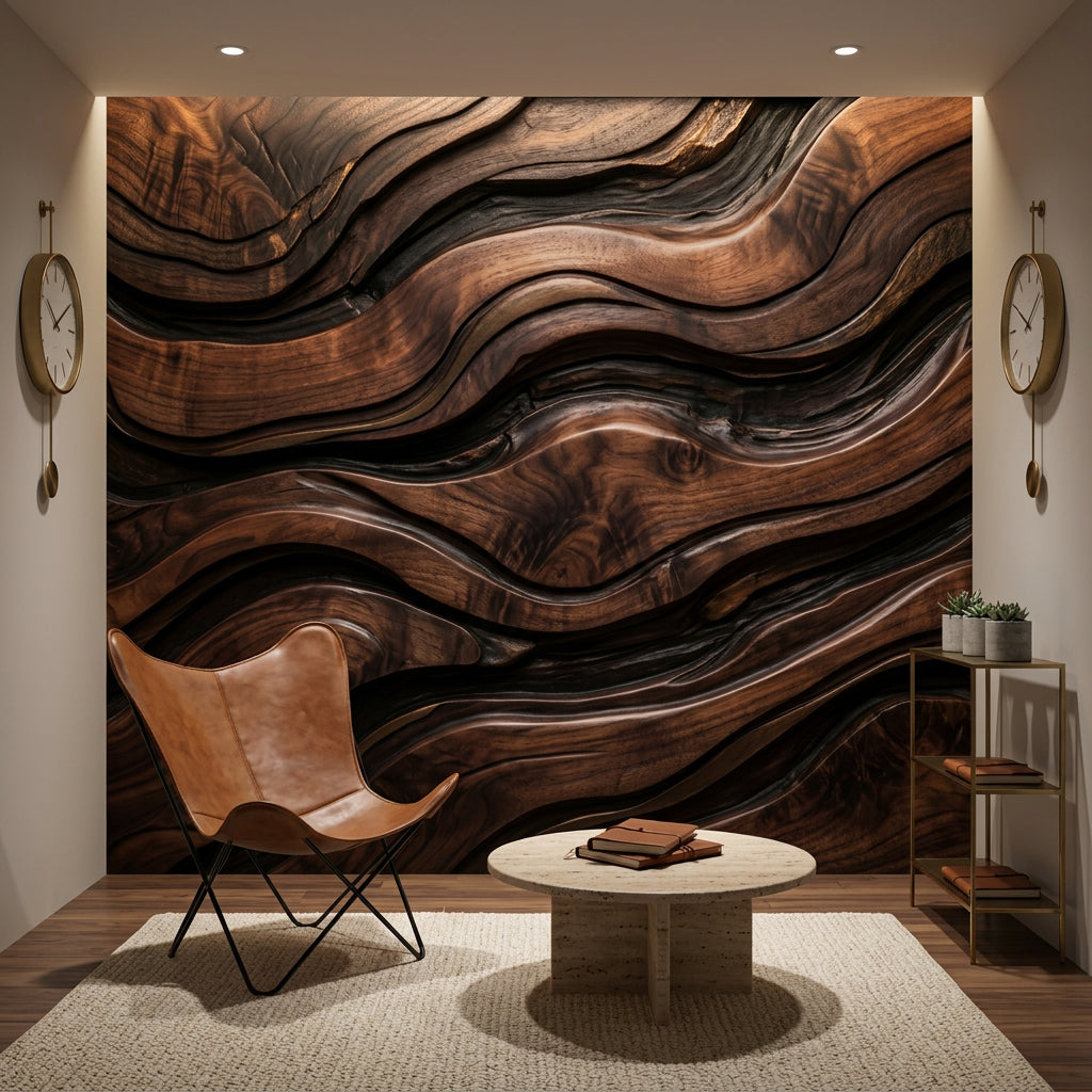 Ahşap Dalgalı Poster Duvar Kağıdı Kahverengi Modern Salon