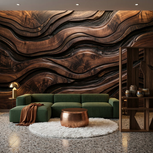 Ahşap Dalgalı Poster Duvar Kağıdı Kahverengi Modern Salon