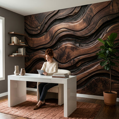 Ahşap Dalgalı Poster Duvar Kağıdı Kahverengi Modern Salon
