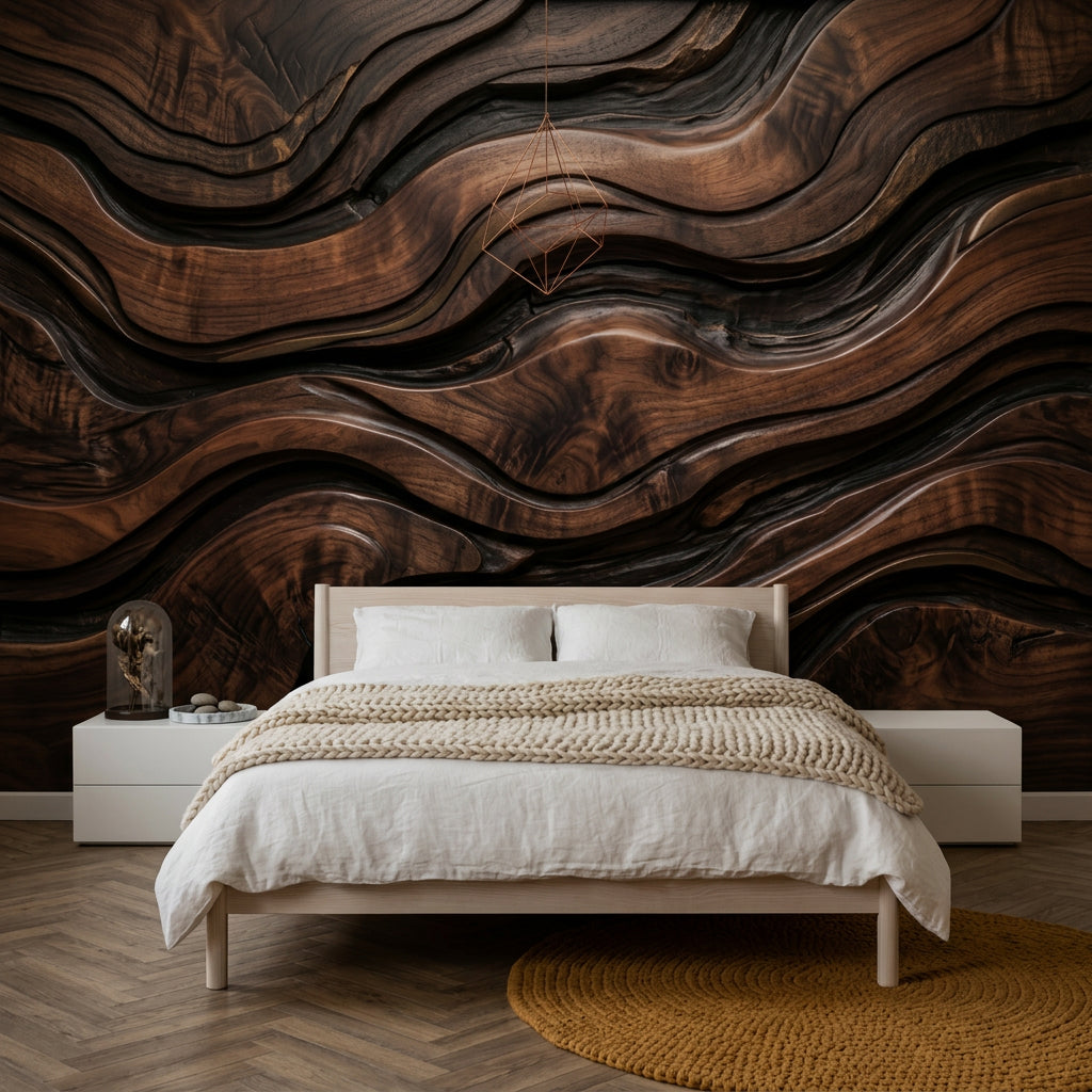 Ahşap Dalgalı Poster Duvar Kağıdı Kahverengi Modern Salon
