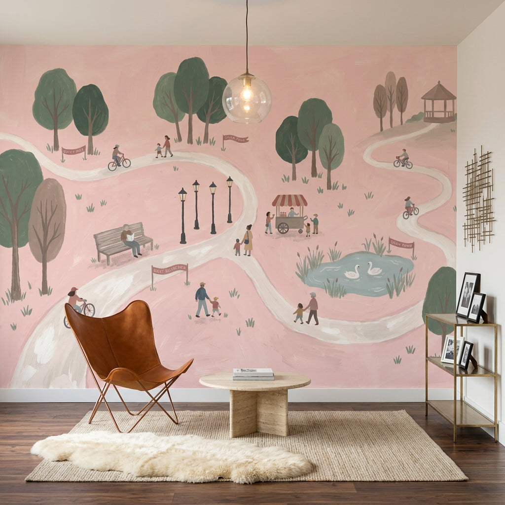 Pastel Park İllüstrasyonlu Poster Duvar Kağıdı Pembe Çocuk Odası