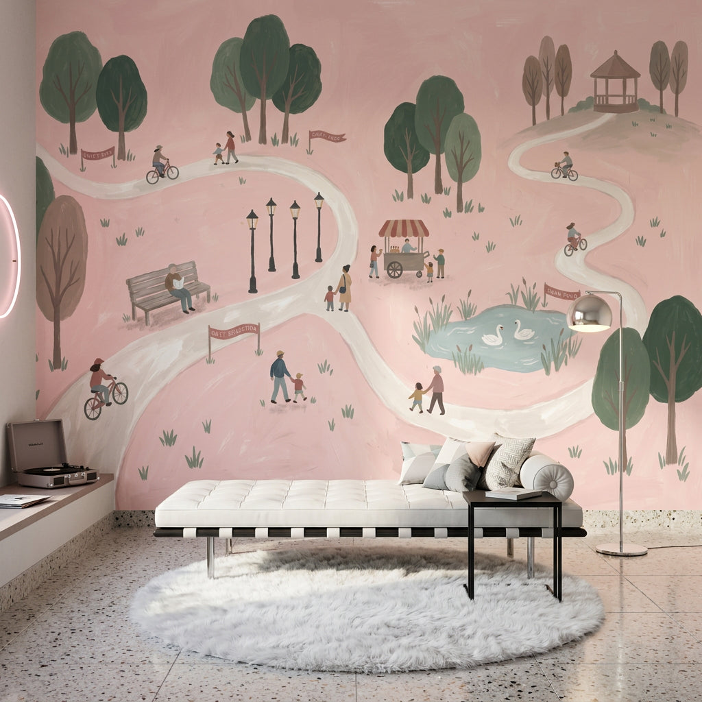 Pastel Park İllüstrasyonlu Poster Duvar Kağıdı Pembe Çocuk Odası