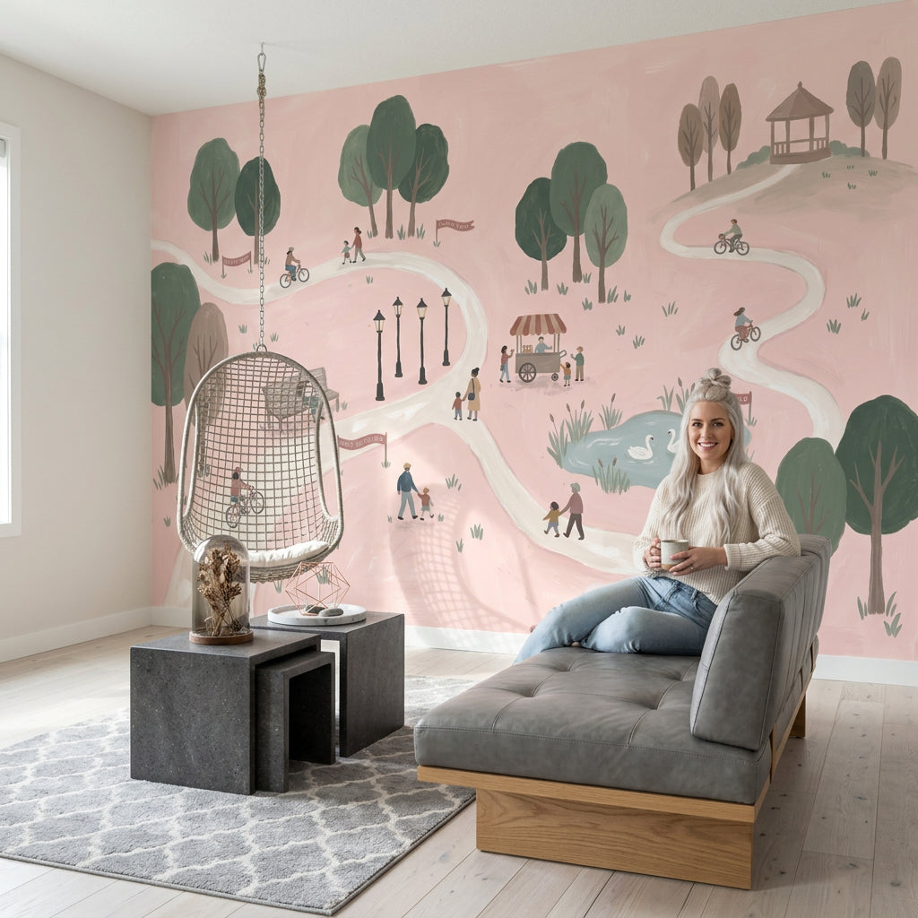 Pastel Park İllüstrasyonlu Poster Duvar Kağıdı Pembe Çocuk Odası