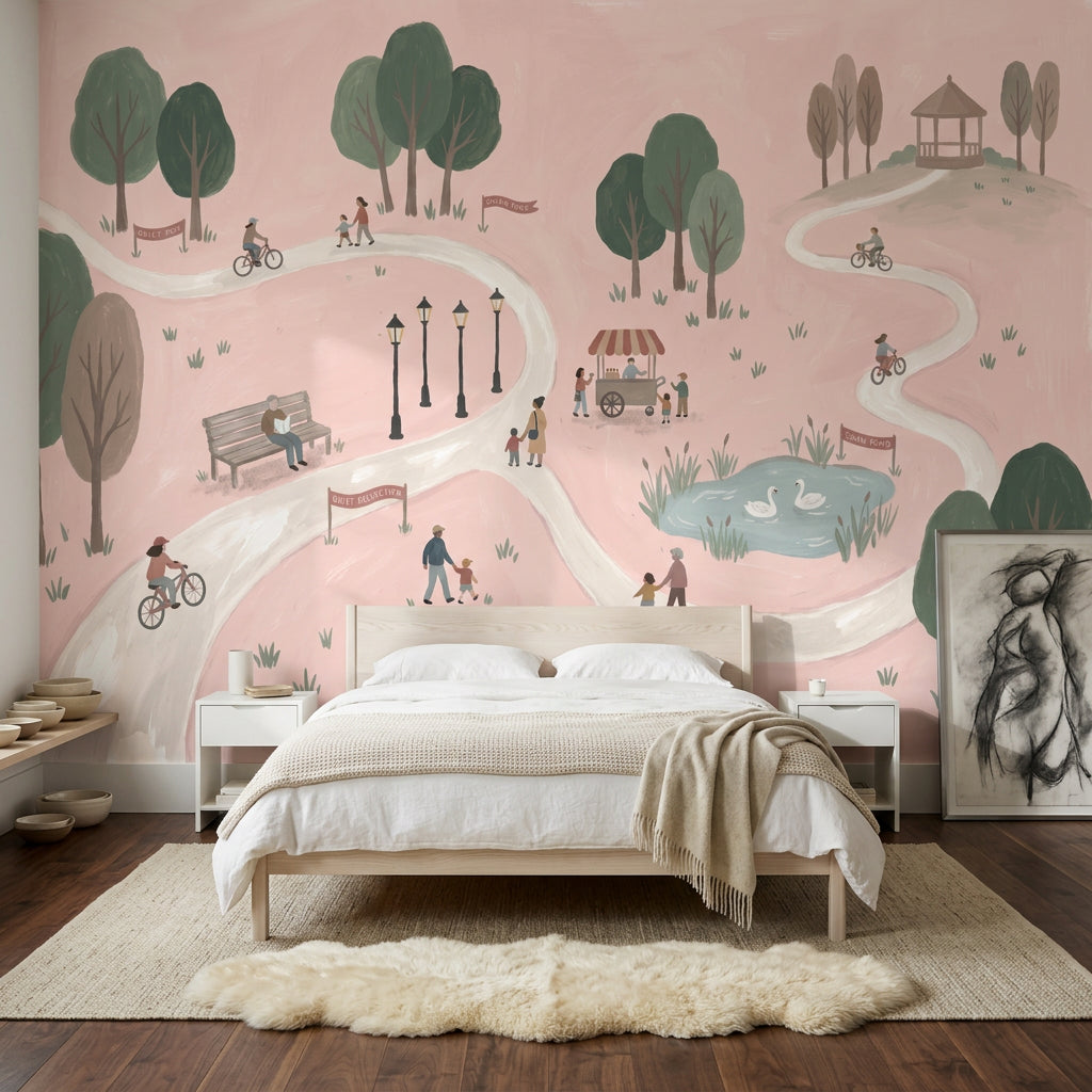 Pastel Park İllüstrasyonlu Poster Duvar Kağıdı Pembe Çocuk Odası