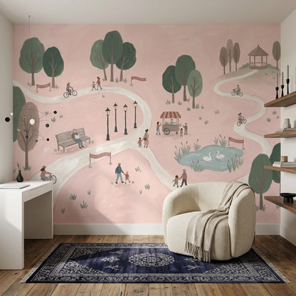 Pastel Park İllüstrasyonlu Poster Duvar Kağıdı Pembe Çocuk Odası