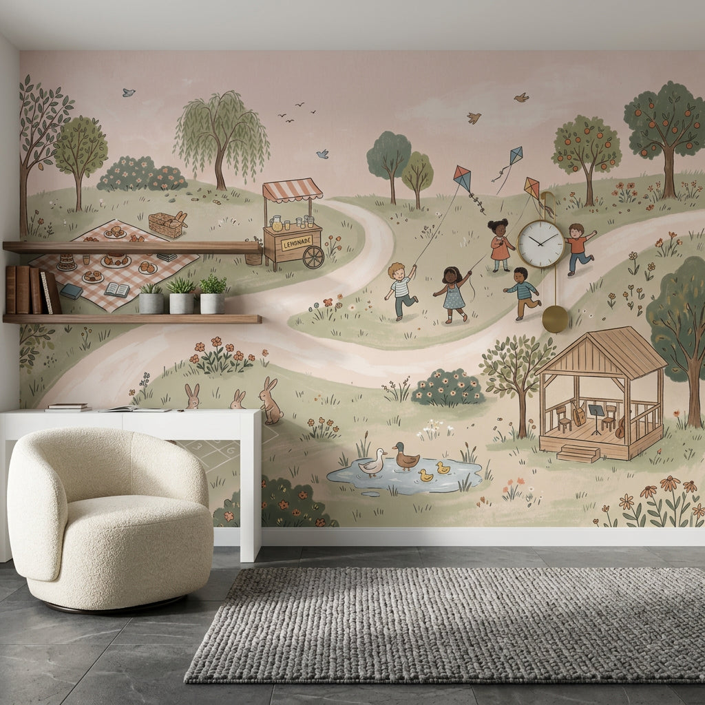 Parkta Uçurtmalı Çocuklar Poster Duvar Kağıdı Pastel Çocuk Odası