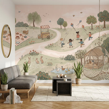Parkta Uçurtmalı Çocuklar Poster Duvar Kağıdı Pastel Çocuk Odası
