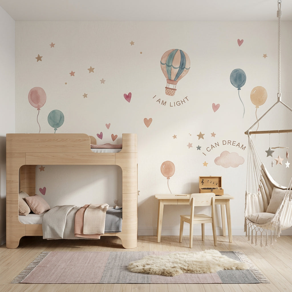 Balon ve Yıldızlı Poster Duvar Kağıdı Bebek Odası Pastel