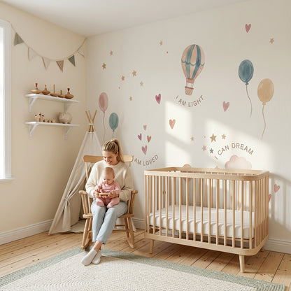 Balon ve Yıldızlı Poster Duvar Kağıdı Bebek Odası Pastel