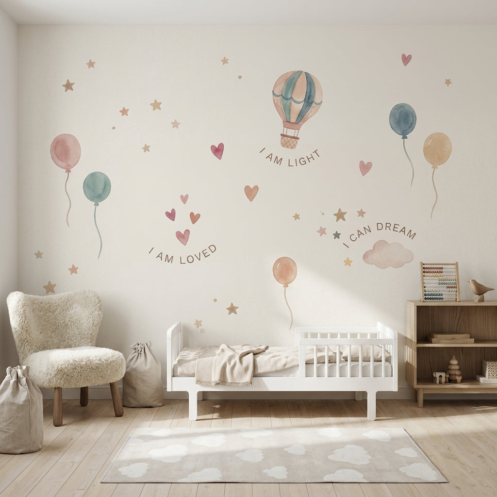 Balon ve Yıldızlı Poster Duvar Kağıdı Bebek Odası Pastel