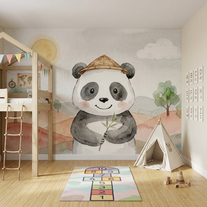 Şapkalı Panda Poster Duvar Kağıdı Pastel Çocuk Odası