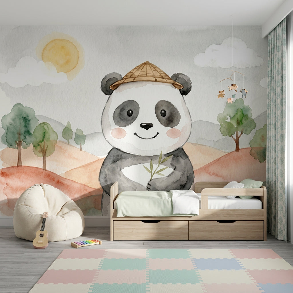 Şapkalı Panda Poster Duvar Kağıdı Pastel Çocuk Odası